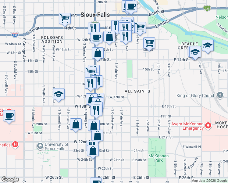 map of restaurants, bars, coffee shops, grocery stores, and more near 819 South Main Avenue in Sioux Falls