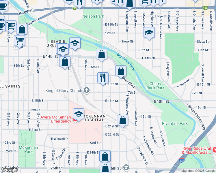 map of restaurants, bars, coffee shops, grocery stores, and more near 1000 Cliff Avenue in Sioux Falls