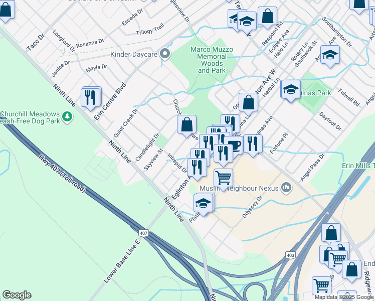 map of restaurants, bars, coffee shops, grocery stores, and more near 3737 Nightstar Drive in Mississauga