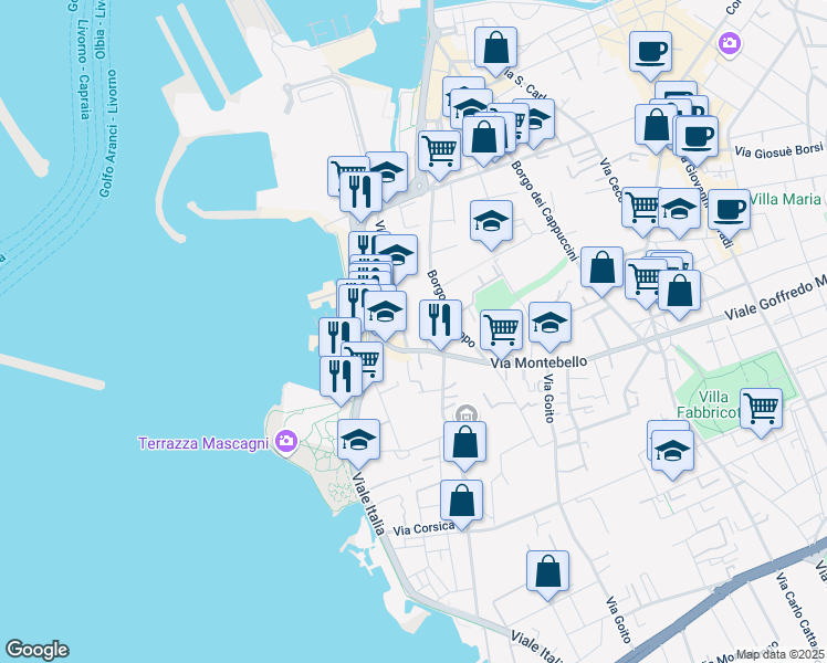 map of restaurants, bars, coffee shops, grocery stores, and more near 79 Via dei Funaioli in Livorno