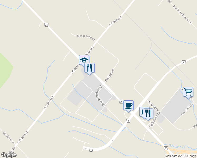 map of restaurants, bars, coffee shops, grocery stores, and more near 8724 Halton 25 in Milton