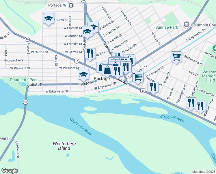 map of restaurants, bars, coffee shops, grocery stores, and more near 215 West Mullett Street in Portage