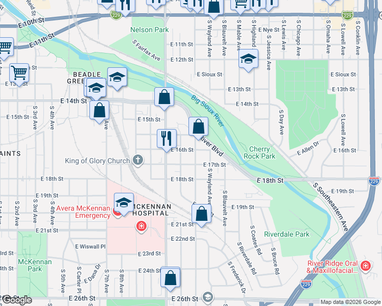 map of restaurants, bars, coffee shops, grocery stores, and more near 800 South Sherman Avenue in Sioux Falls