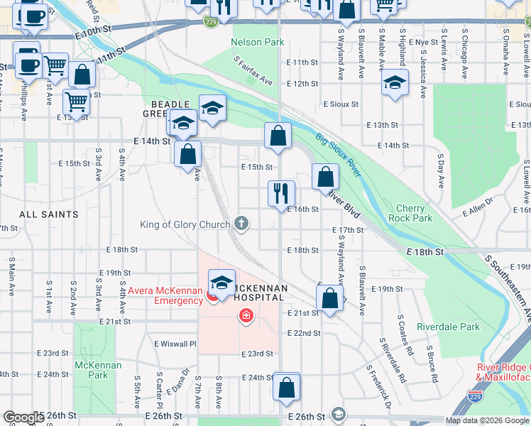 map of restaurants, bars, coffee shops, grocery stores, and more near 802 South 10th Avenue in Sioux Falls
