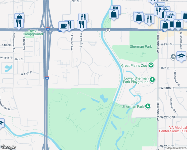 map of restaurants, bars, coffee shops, grocery stores, and more near 4009 West Newcomb Drive in Sioux Falls