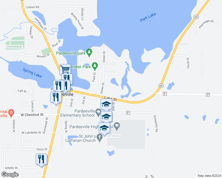 map of restaurants, bars, coffee shops, grocery stores, and more near 502 Elliott Street in Pardeeville