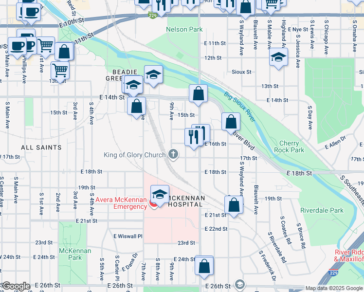 map of restaurants, bars, coffee shops, grocery stores, and more near 802 South 10th Avenue in Sioux Falls