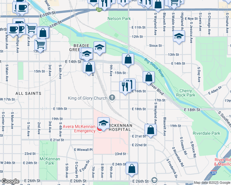 map of restaurants, bars, coffee shops, grocery stores, and more near 802 South 10th Avenue in Sioux Falls