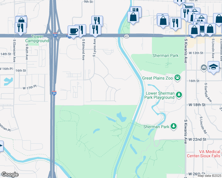 map of restaurants, bars, coffee shops, grocery stores, and more near 4106 West Newcomb Drive in Sioux Falls