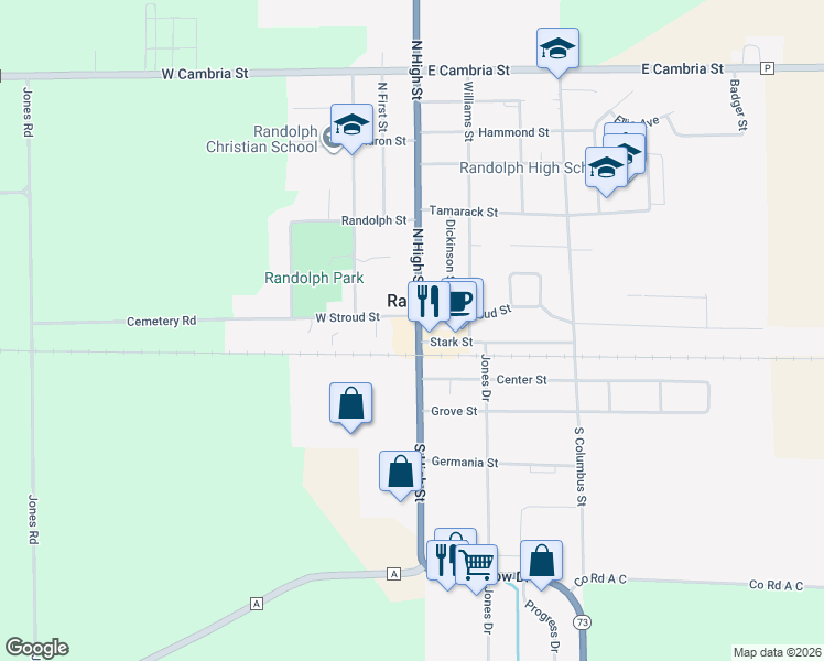 map of restaurants, bars, coffee shops, grocery stores, and more near in Randolph