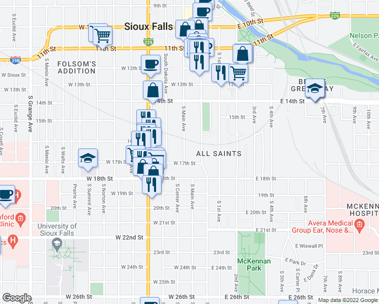 map of restaurants, bars, coffee shops, grocery stores, and more near 814 South Main Avenue in Sioux Falls