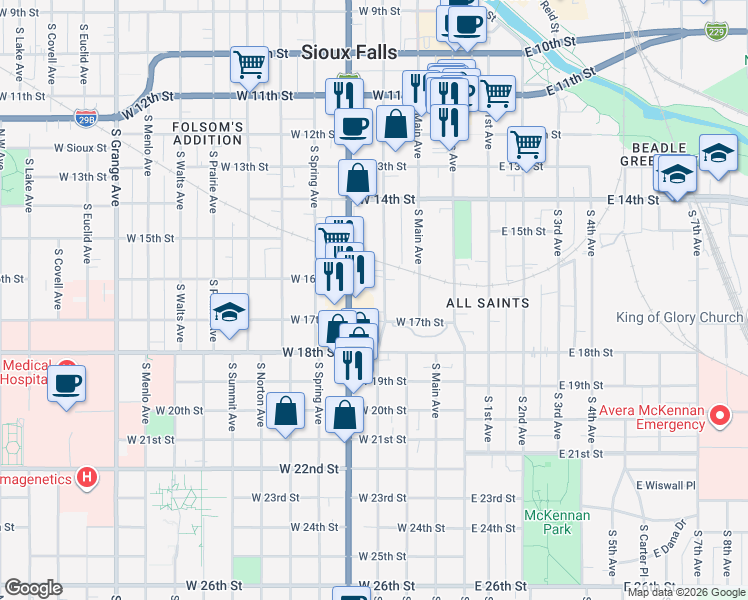 map of restaurants, bars, coffee shops, grocery stores, and more near 705 South Dakota Avenue in Sioux Falls