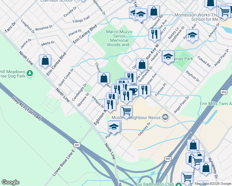 map of restaurants, bars, coffee shops, grocery stores, and more near in Mississauga