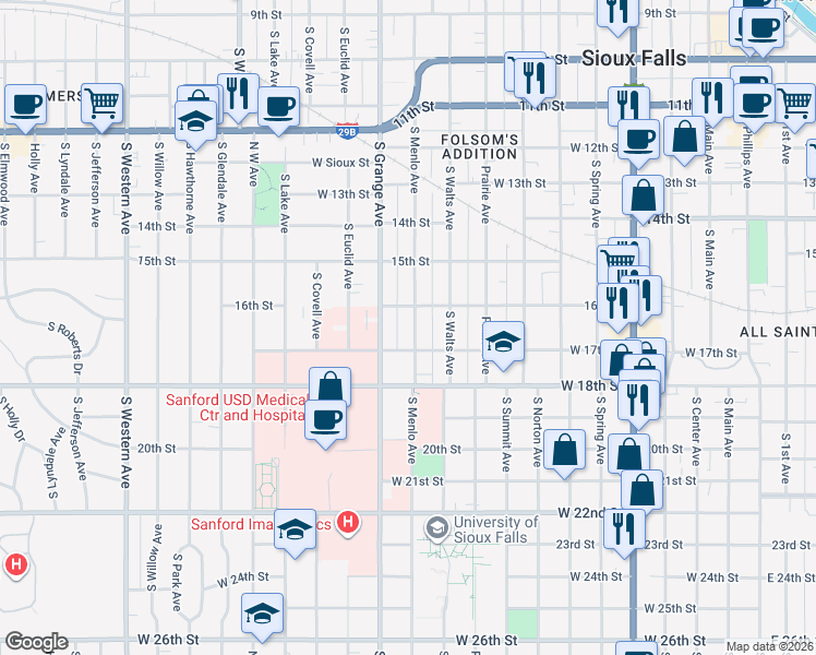 map of restaurants, bars, coffee shops, grocery stores, and more near 817 South Menlo Avenue in Sioux Falls
