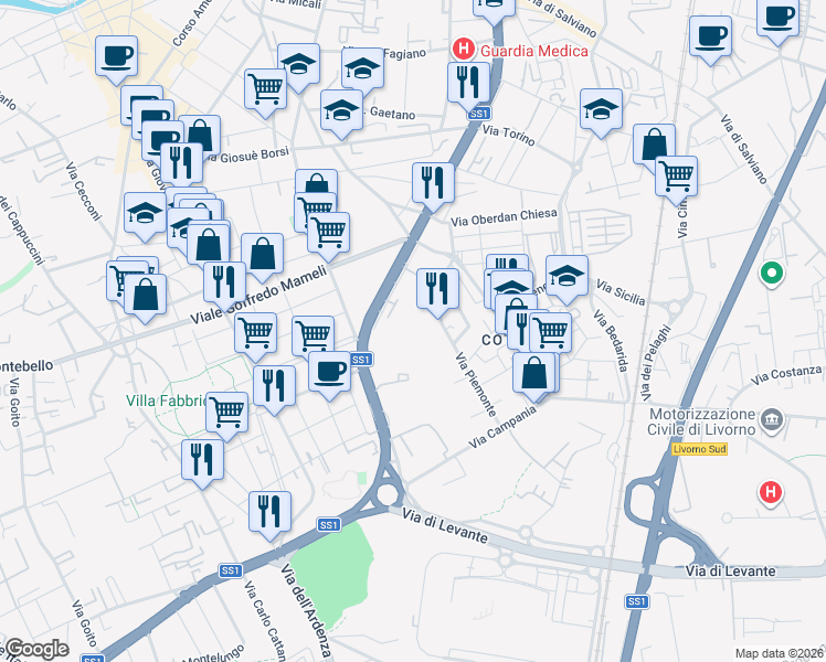map of restaurants, bars, coffee shops, grocery stores, and more near 21 Via Marche in Livorno