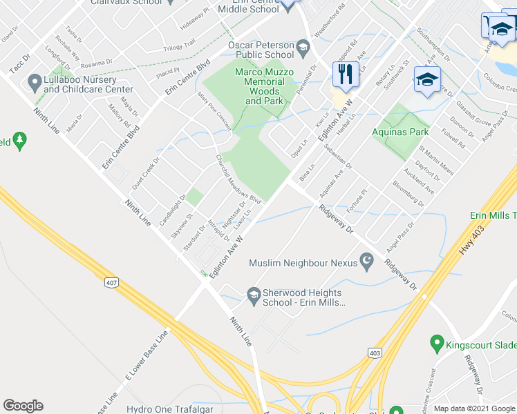 map of restaurants, bars, coffee shops, grocery stores, and more near 3875 Eglinton Avenue West in Mississauga