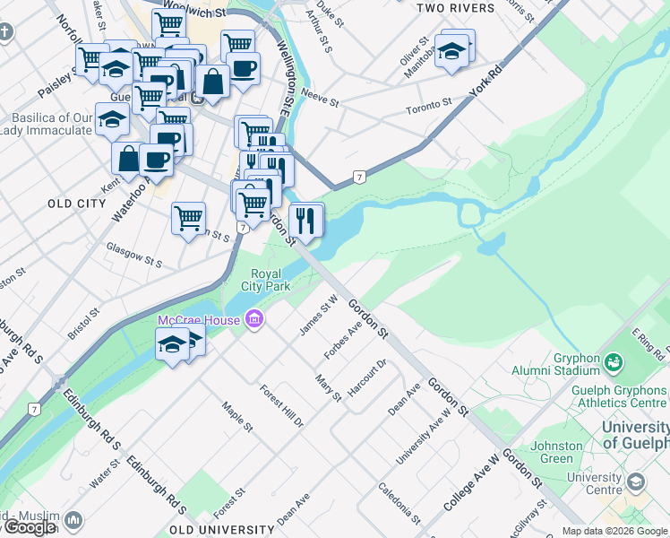 map of restaurants, bars, coffee shops, grocery stores, and more near 180 Gordon Street in Guelph