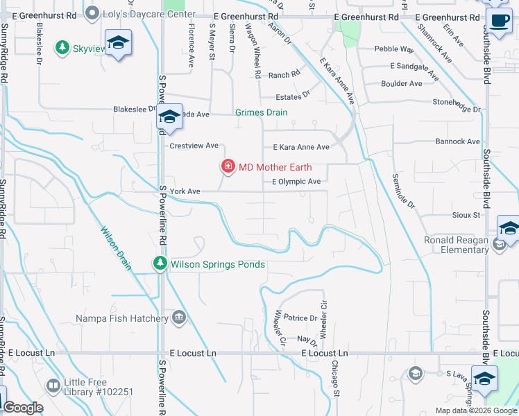 map of restaurants, bars, coffee shops, grocery stores, and more near 3107 South Harbour Springs Street in Nampa