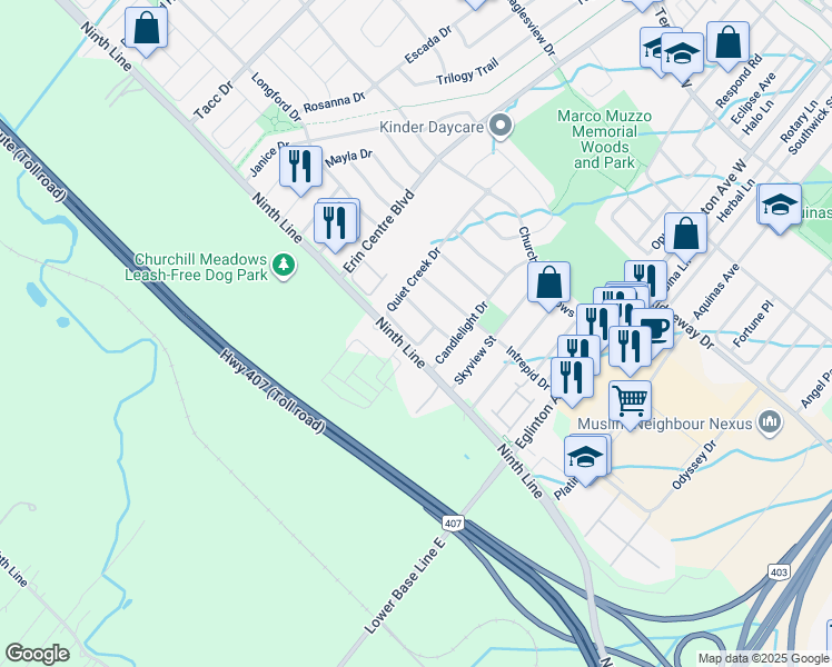 map of restaurants, bars, coffee shops, grocery stores, and more near 5160 Celebration Drive in Mississauga