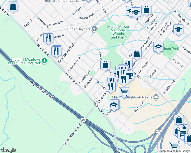 map of restaurants, bars, coffee shops, grocery stores, and more near 3916 Skyview Street in Mississauga