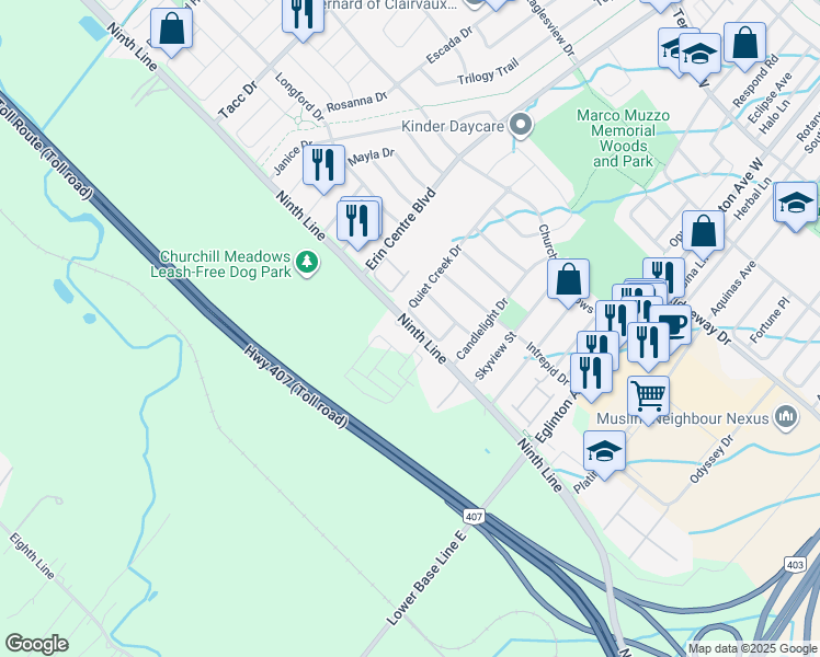 map of restaurants, bars, coffee shops, grocery stores, and more near 5170 9th Line in Mississauga