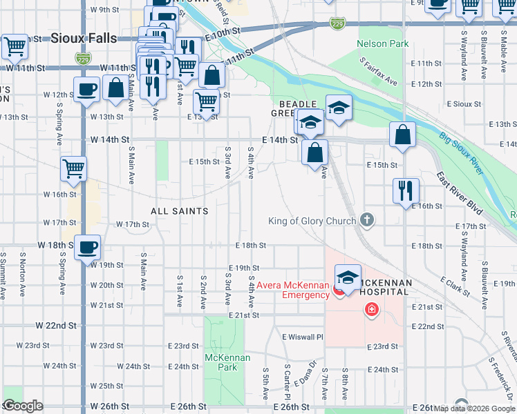 map of restaurants, bars, coffee shops, grocery stores, and more near 728 South 4th Avenue in Sioux Falls