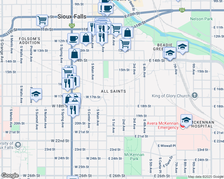 map of restaurants, bars, coffee shops, grocery stores, and more near 758 South Phillips Avenue in Sioux Falls