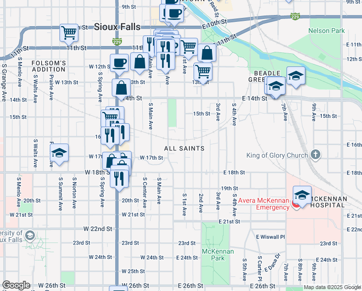 map of restaurants, bars, coffee shops, grocery stores, and more near 758 South Phillips Avenue in Sioux Falls