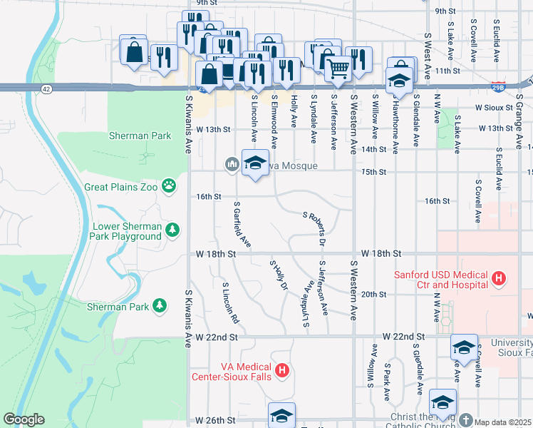 map of restaurants, bars, coffee shops, grocery stores, and more near 705 South Roberts Drive in Sioux Falls