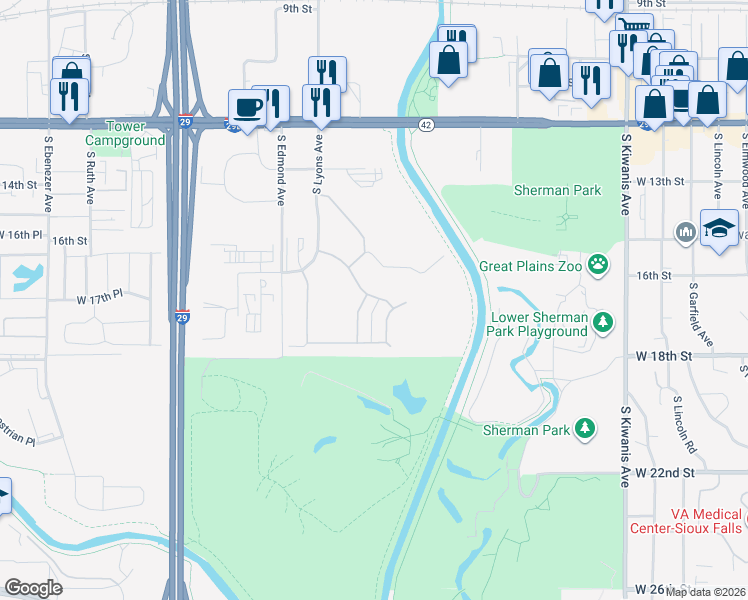 map of restaurants, bars, coffee shops, grocery stores, and more near 4106 West Newcomb Drive in Sioux Falls