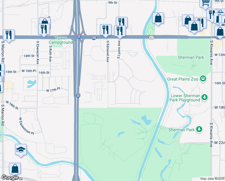 map of restaurants, bars, coffee shops, grocery stores, and more near 903 South Newcomb Avenue in Sioux Falls