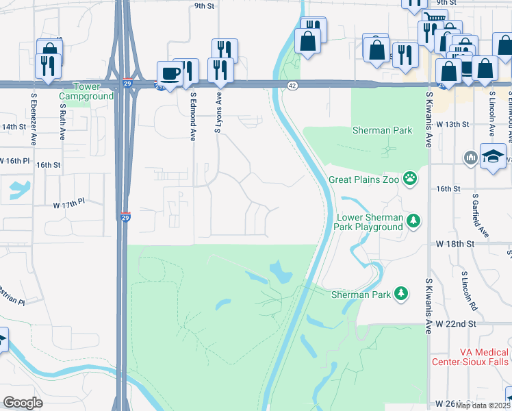 map of restaurants, bars, coffee shops, grocery stores, and more near 4106 West Newcomb Drive in Sioux Falls