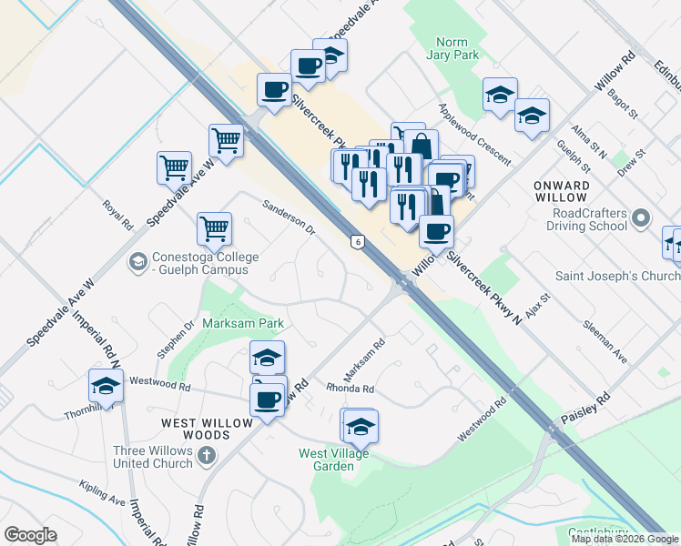 map of restaurants, bars, coffee shops, grocery stores, and more near 16 Sanderson Drive in Guelph