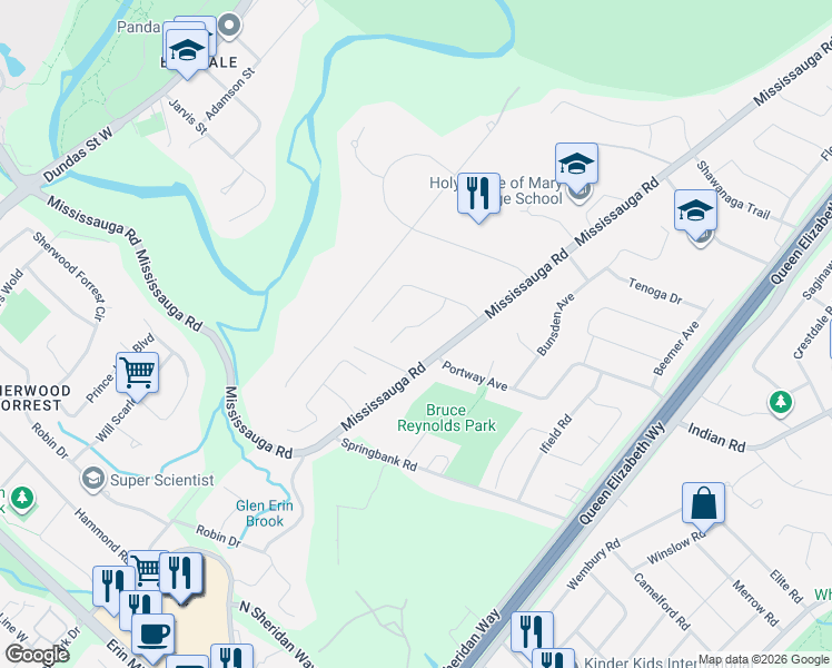 map of restaurants, bars, coffee shops, grocery stores, and more near 1590 Yew Street in Mississauga