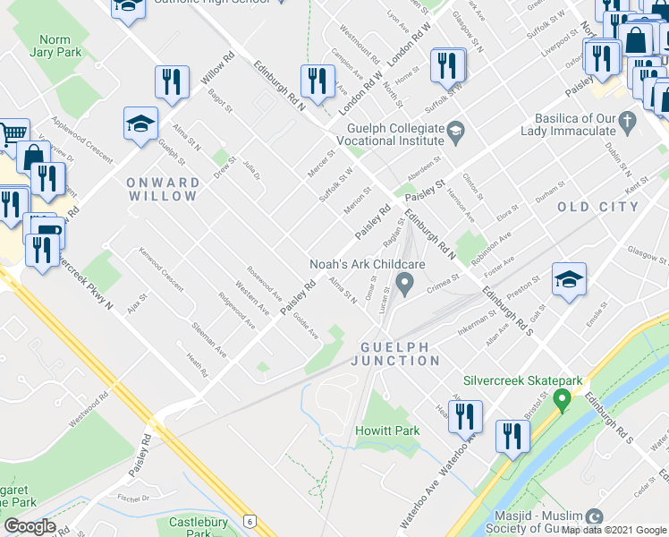 map of restaurants, bars, coffee shops, grocery stores, and more near 332 Paisley Road in Guelph