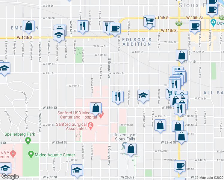 map of restaurants, bars, coffee shops, grocery stores, and more near 724 South Grange Avenue in Sioux Falls