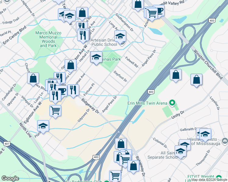 map of restaurants, bars, coffee shops, grocery stores, and more near 4786 Bloomburg Drive in Mississauga