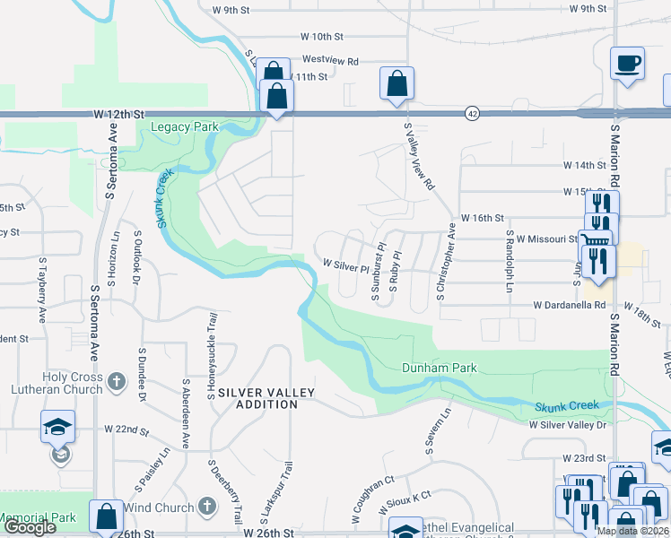 map of restaurants, bars, coffee shops, grocery stores, and more near 900-998 South Garnet Place in Sioux Falls