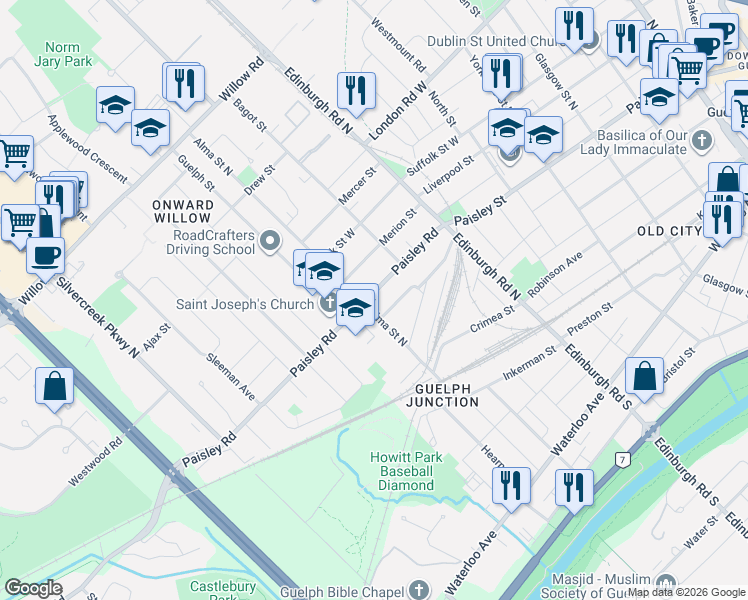map of restaurants, bars, coffee shops, grocery stores, and more near 350 Paisley Road in Guelph