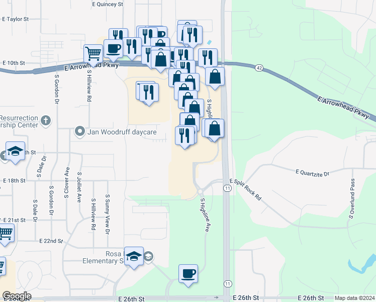 map of restaurants, bars, coffee shops, grocery stores, and more near 1021 East Highline Place in Sioux Falls