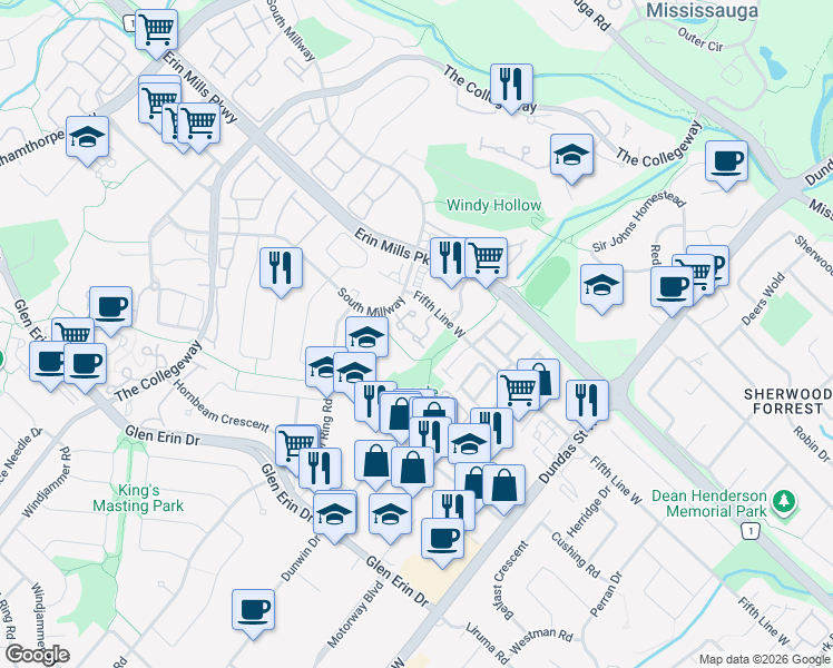 map of restaurants, bars, coffee shops, grocery stores, and more near 2020 South Millway in Mississauga