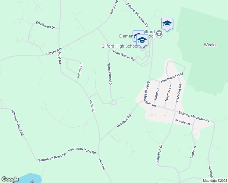 map of restaurants, bars, coffee shops, grocery stores, and more near 62 Sprucewood Drive in Gilford