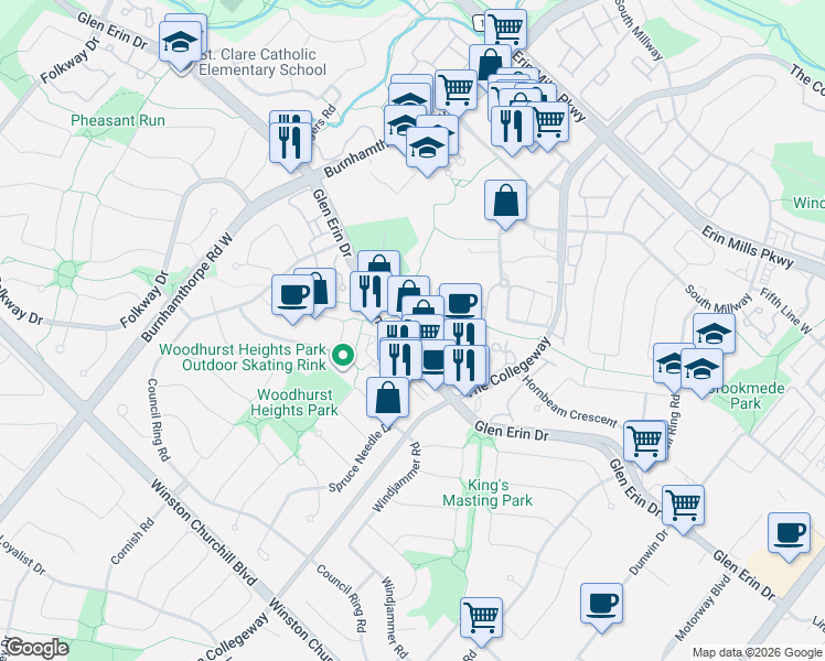 map of restaurants, bars, coffee shops, grocery stores, and more near 3501 Glen Erin Drive in Mississauga