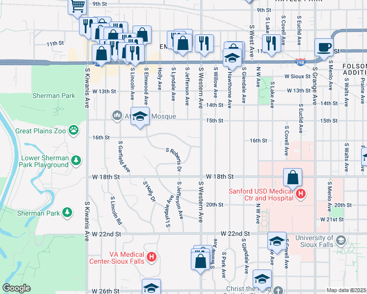 map of restaurants, bars, coffee shops, grocery stores, and more near 2005 West 16th Street in Sioux Falls