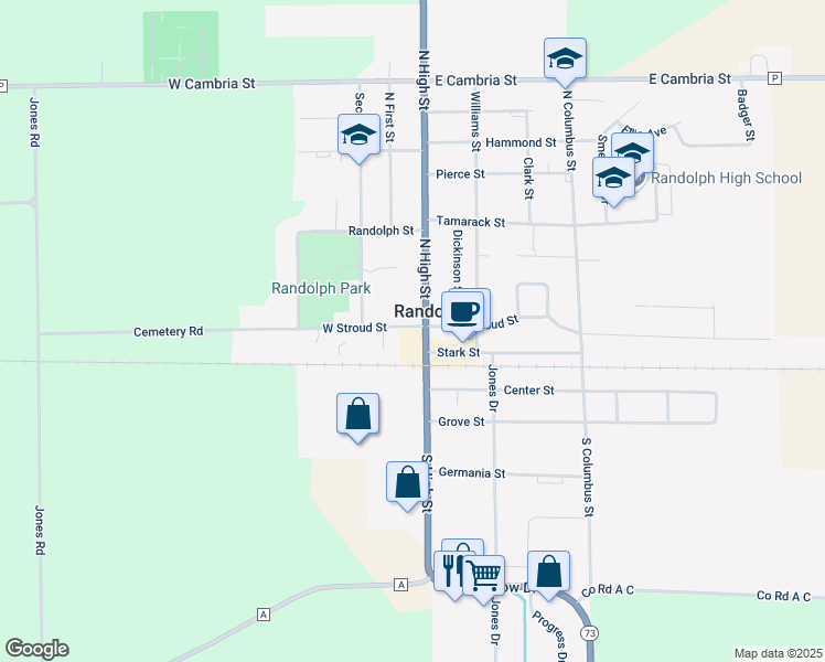 map of restaurants, bars, coffee shops, grocery stores, and more near in Randolph