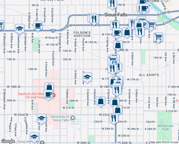 map of restaurants, bars, coffee shops, grocery stores, and more near 714 West 16th Street in Sioux Falls