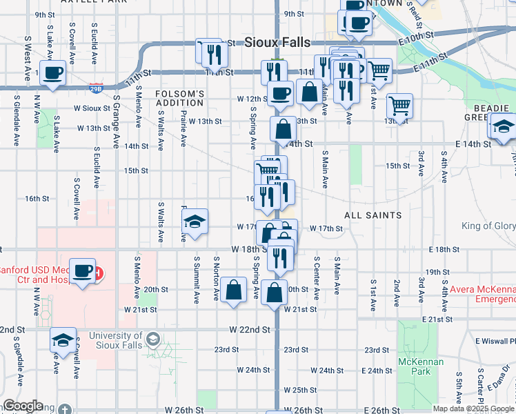 map of restaurants, bars, coffee shops, grocery stores, and more near 800 South Spring Avenue in Sioux Falls