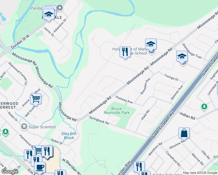 map of restaurants, bars, coffee shops, grocery stores, and more near 1590 Yew Street in Mississauga