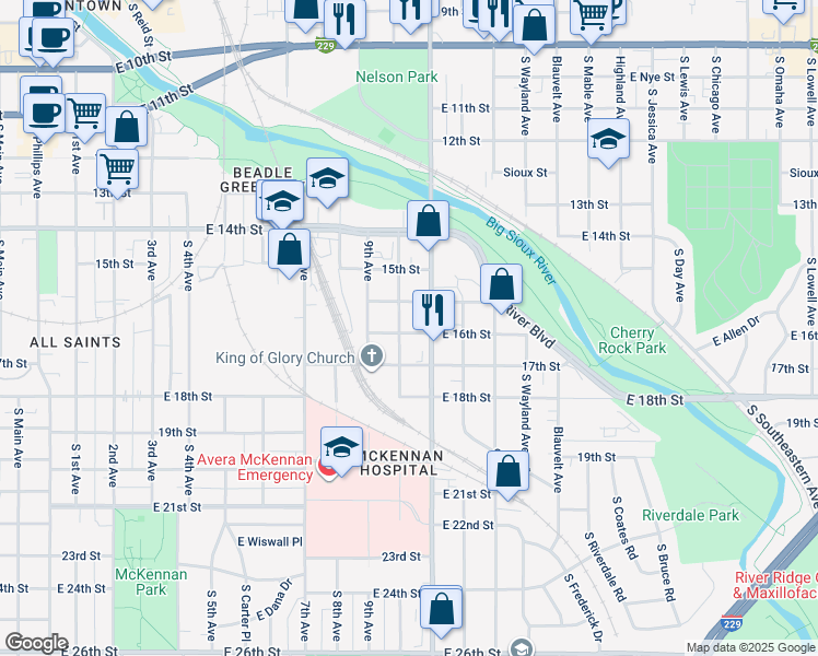 map of restaurants, bars, coffee shops, grocery stores, and more near 1100 East 16th Street in Sioux Falls
