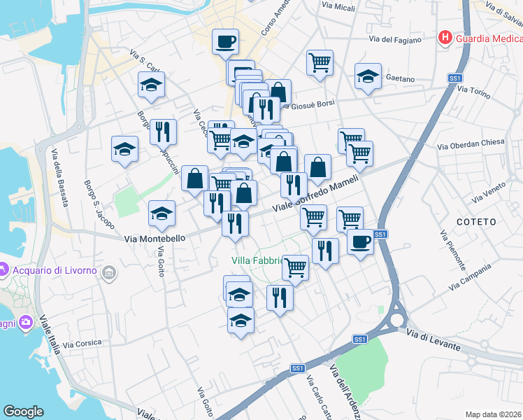 map of restaurants, bars, coffee shops, grocery stores, and more near 18 Via Antonio Mangini in Livorno